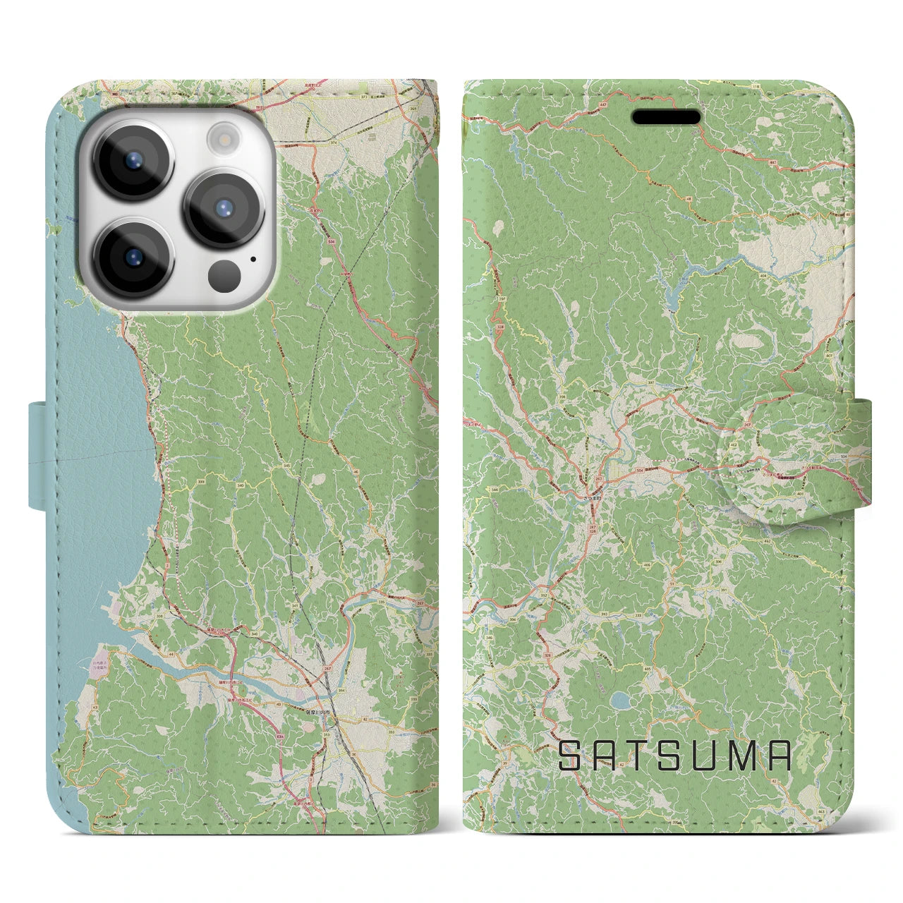 【さつま】地図柄iPhoneケース（手帳両面タイプ・ナチュラル）iPhone 14 Pro 用