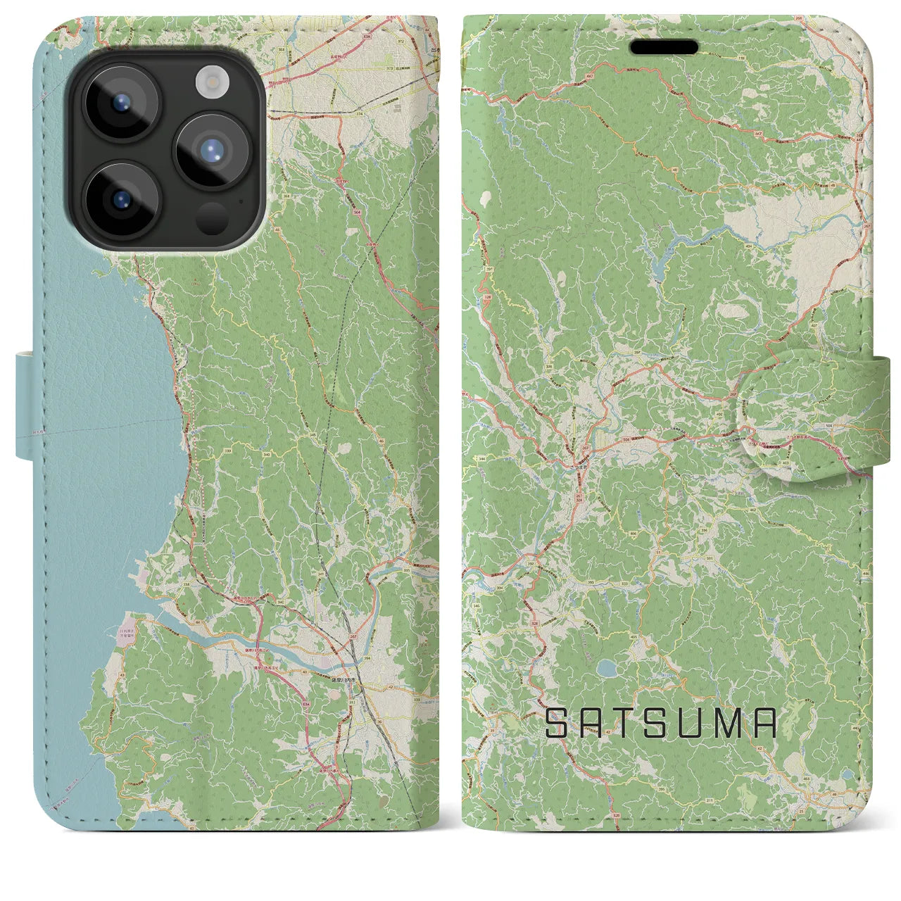 【さつま】地図柄iPhoneケース（手帳両面タイプ・ナチュラル）iPhone 15 Pro Max 用