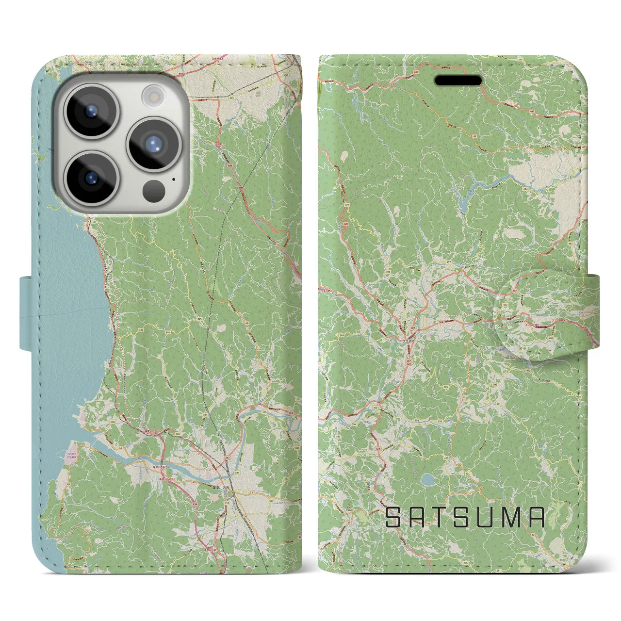 【さつま】地図柄iPhoneケース（手帳両面タイプ・ナチュラル）iPhone 15 Pro 用