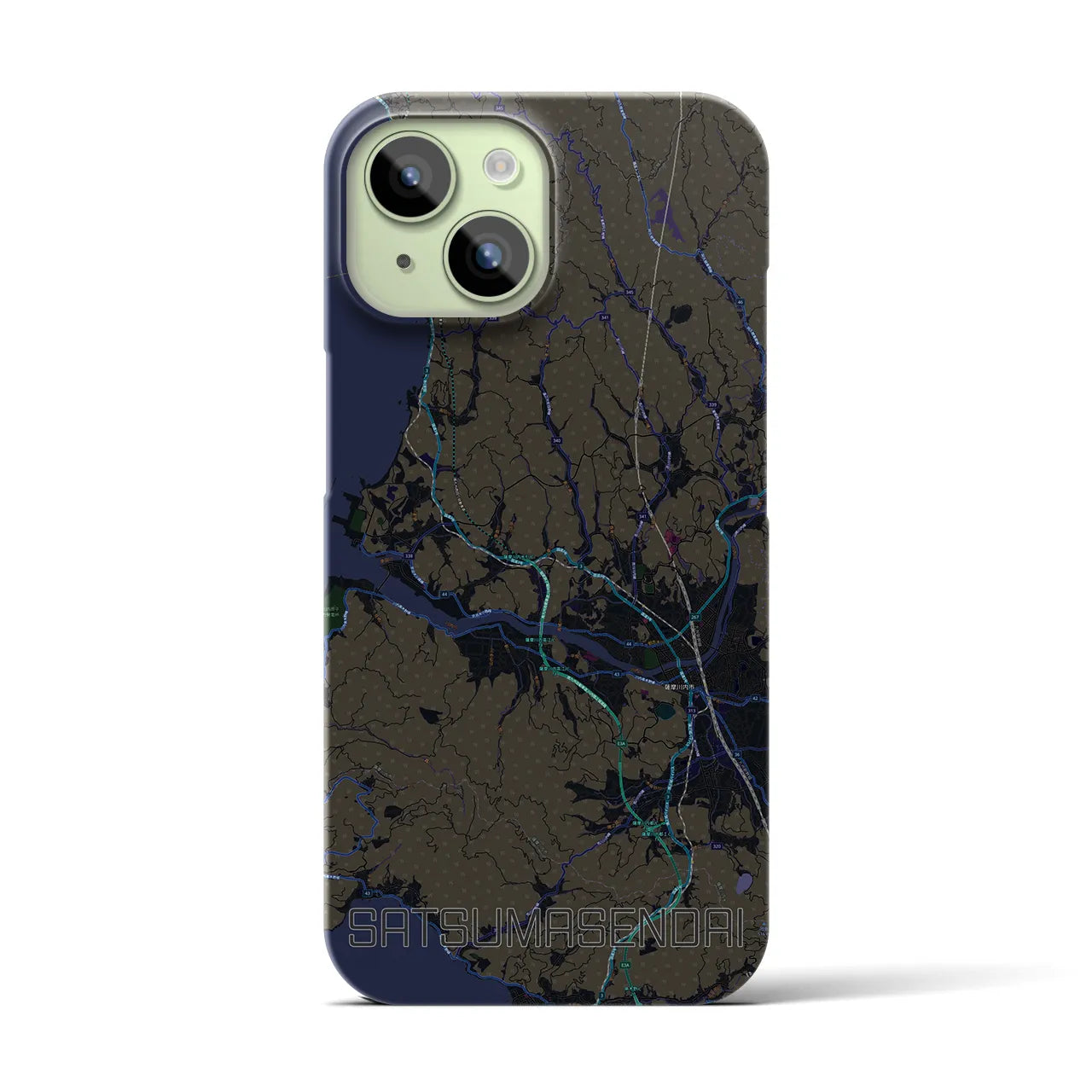 【薩摩川内】地図柄iPhoneケース（バックカバータイプ・ブラック）iPhone 15 用
