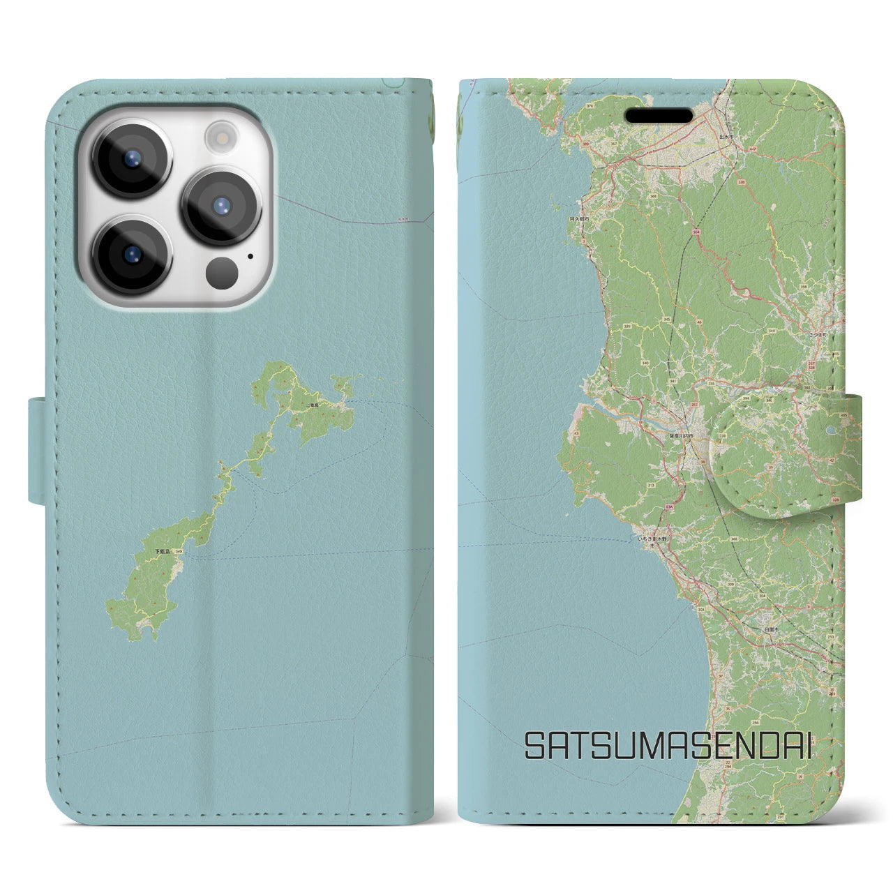 【薩摩川内】地図柄iPhoneケース（手帳両面タイプ・ナチュラル）iPhone 14 Pro 用