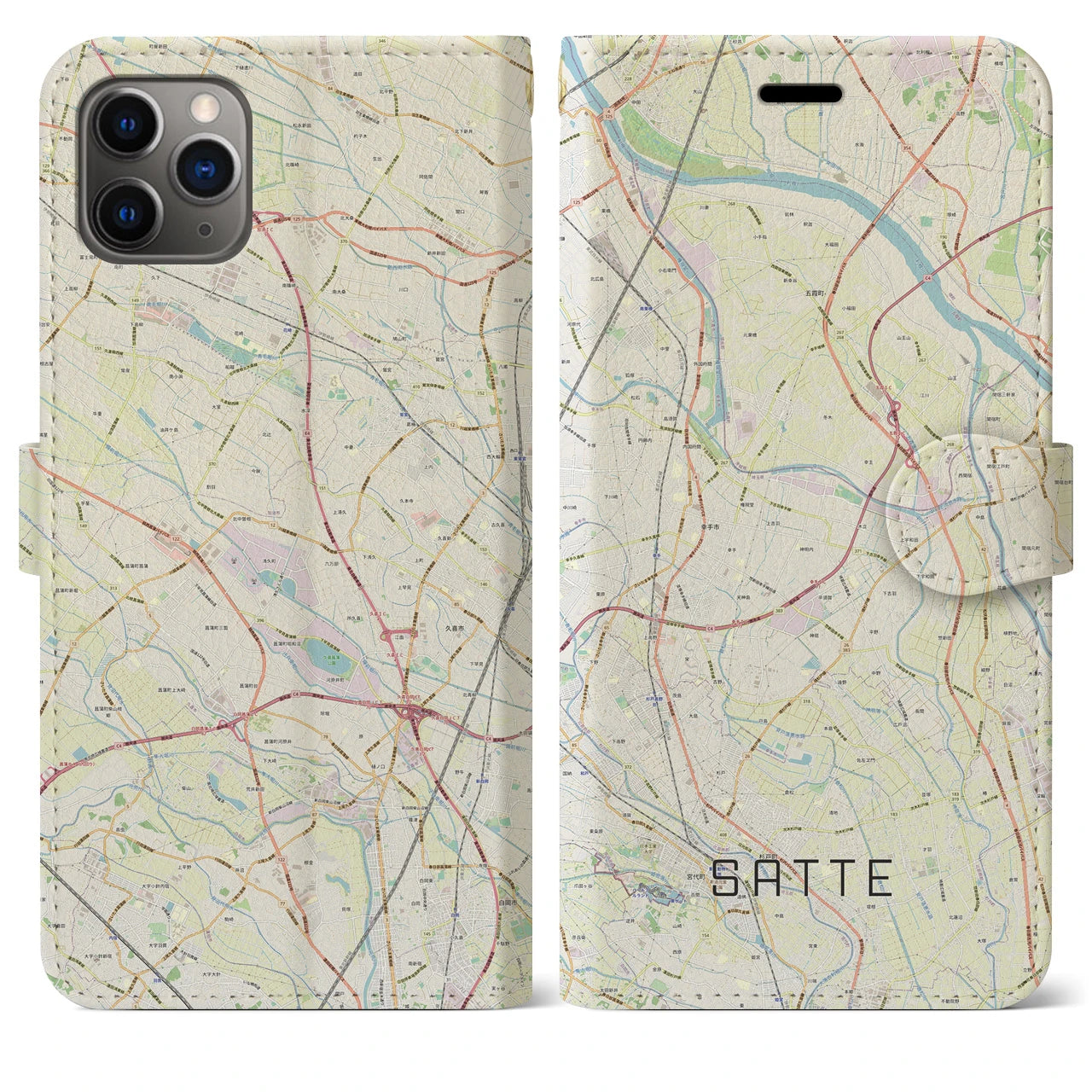 【幸手】地図柄iPhoneケース（手帳両面タイプ・ナチュラル）iPhone 11 Pro Max 用