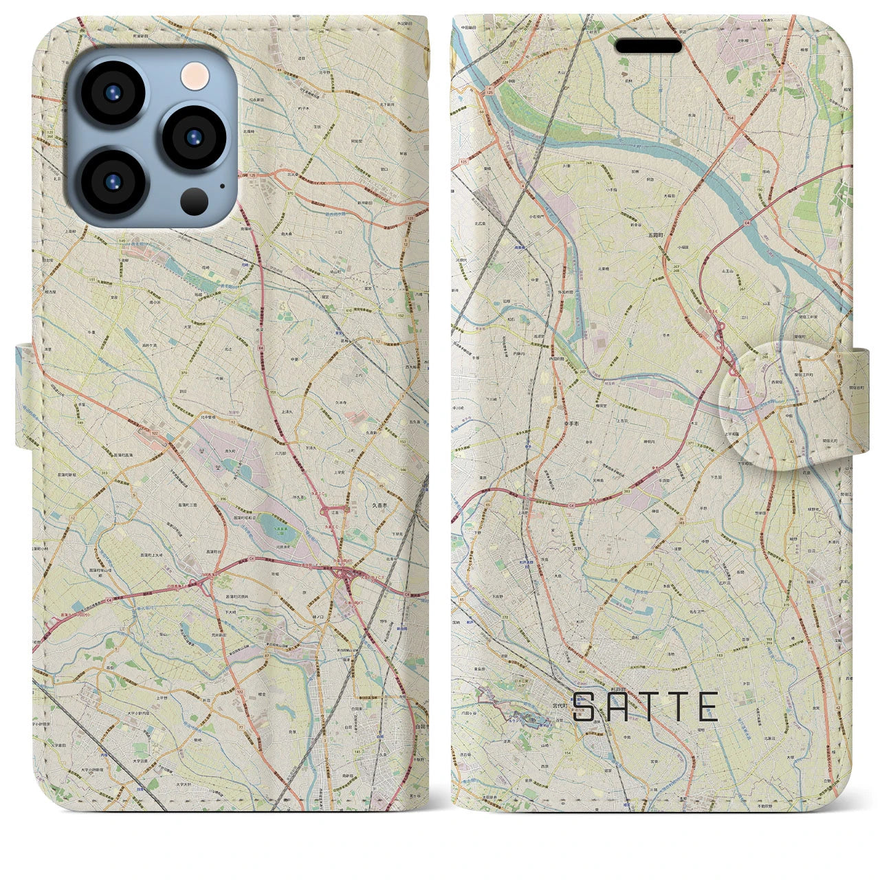 【幸手】地図柄iPhoneケース（手帳両面タイプ・ナチュラル）iPhone 13 Pro Max 用