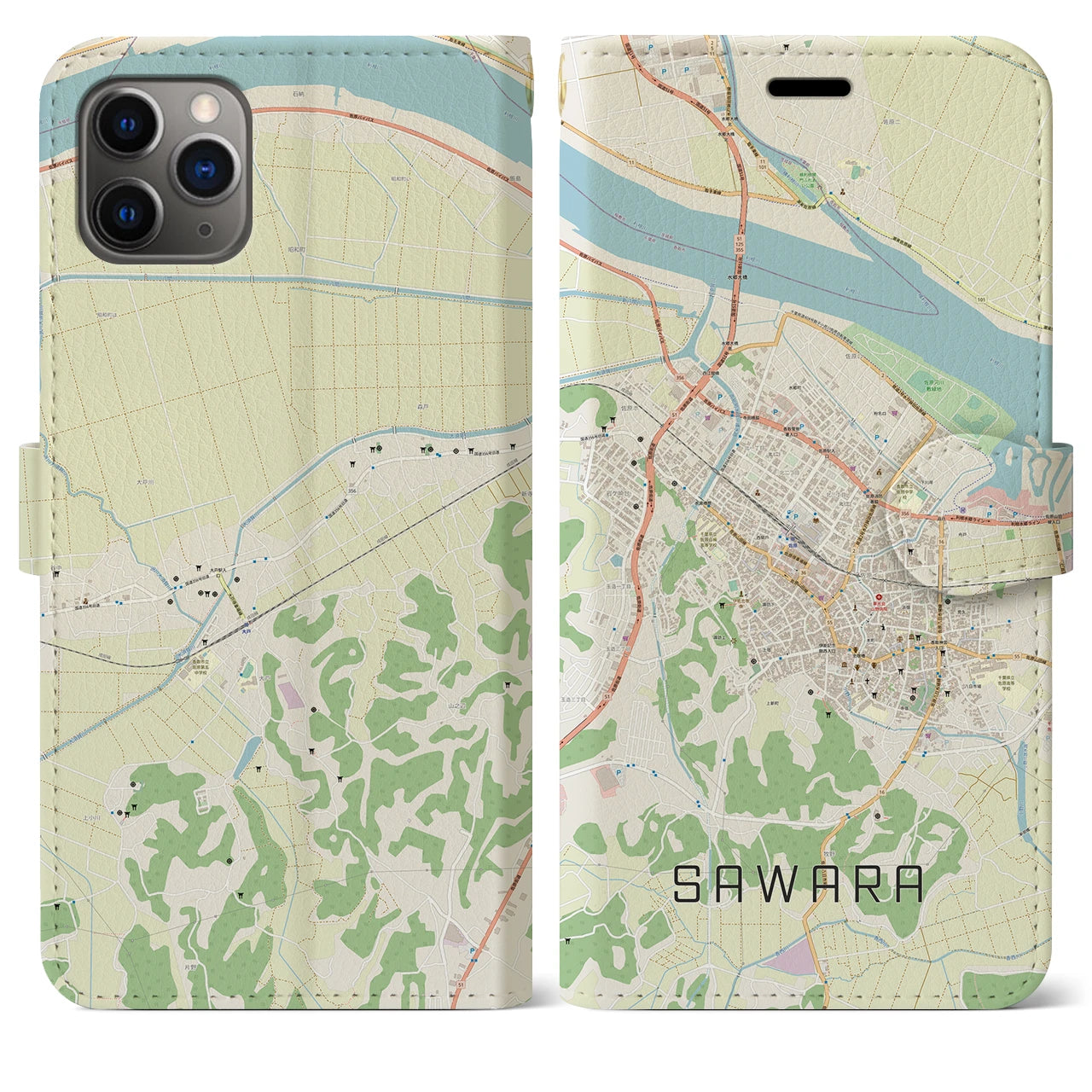 【佐原】地図柄iPhoneケース（手帳両面タイプ・ナチュラル）iPhone 11 Pro Max 用