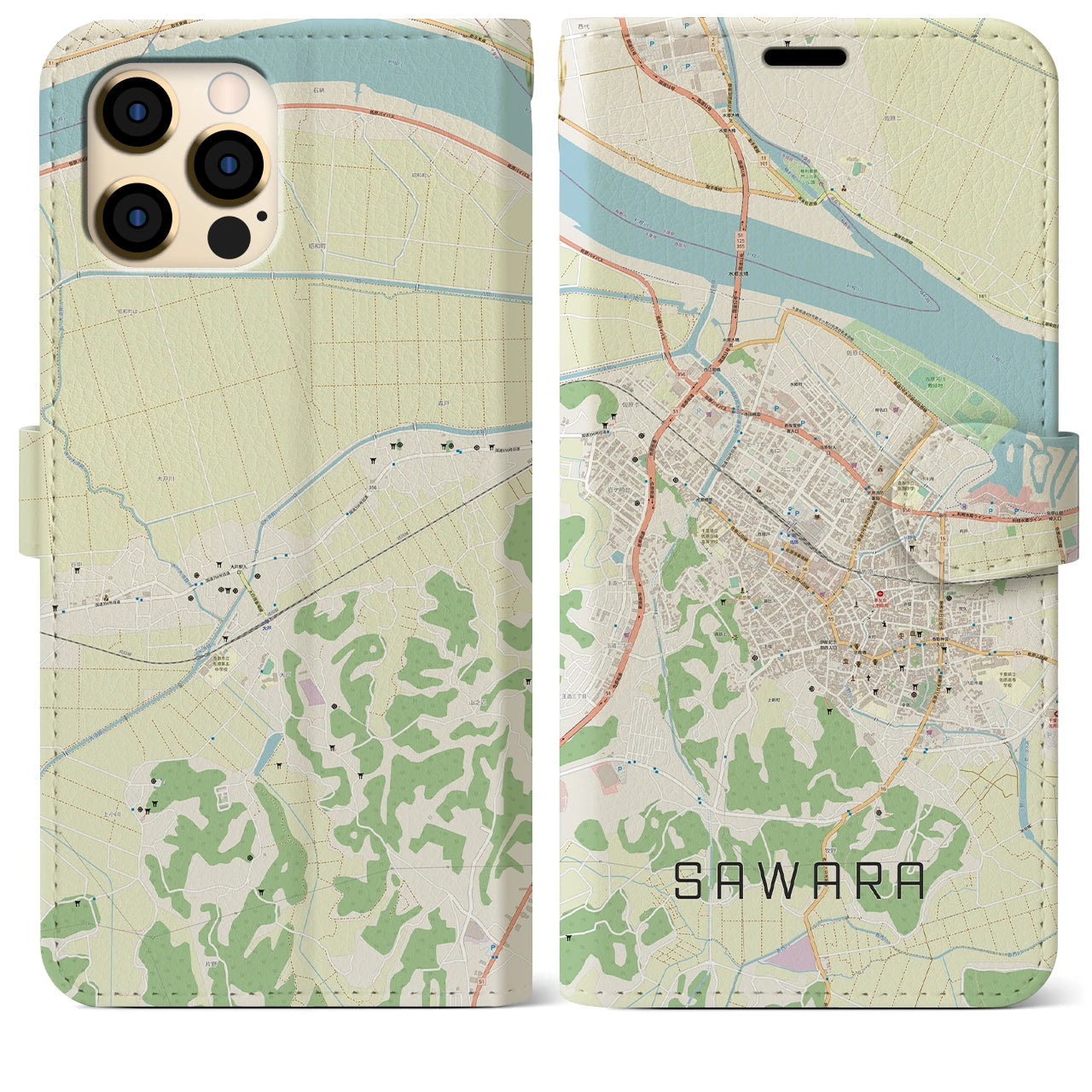 【佐原】地図柄iPhoneケース（手帳両面タイプ・ナチュラル）iPhone 12 Pro Max 用