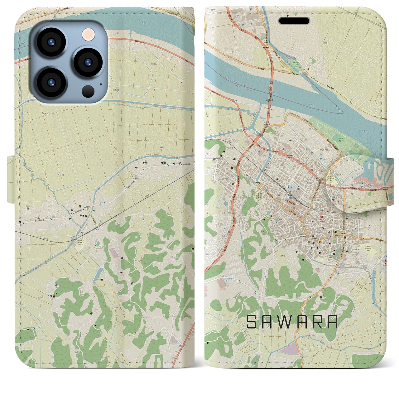 【佐原】地図柄iPhoneケース（手帳両面タイプ・ナチュラル）iPhone 13 Pro Max 用