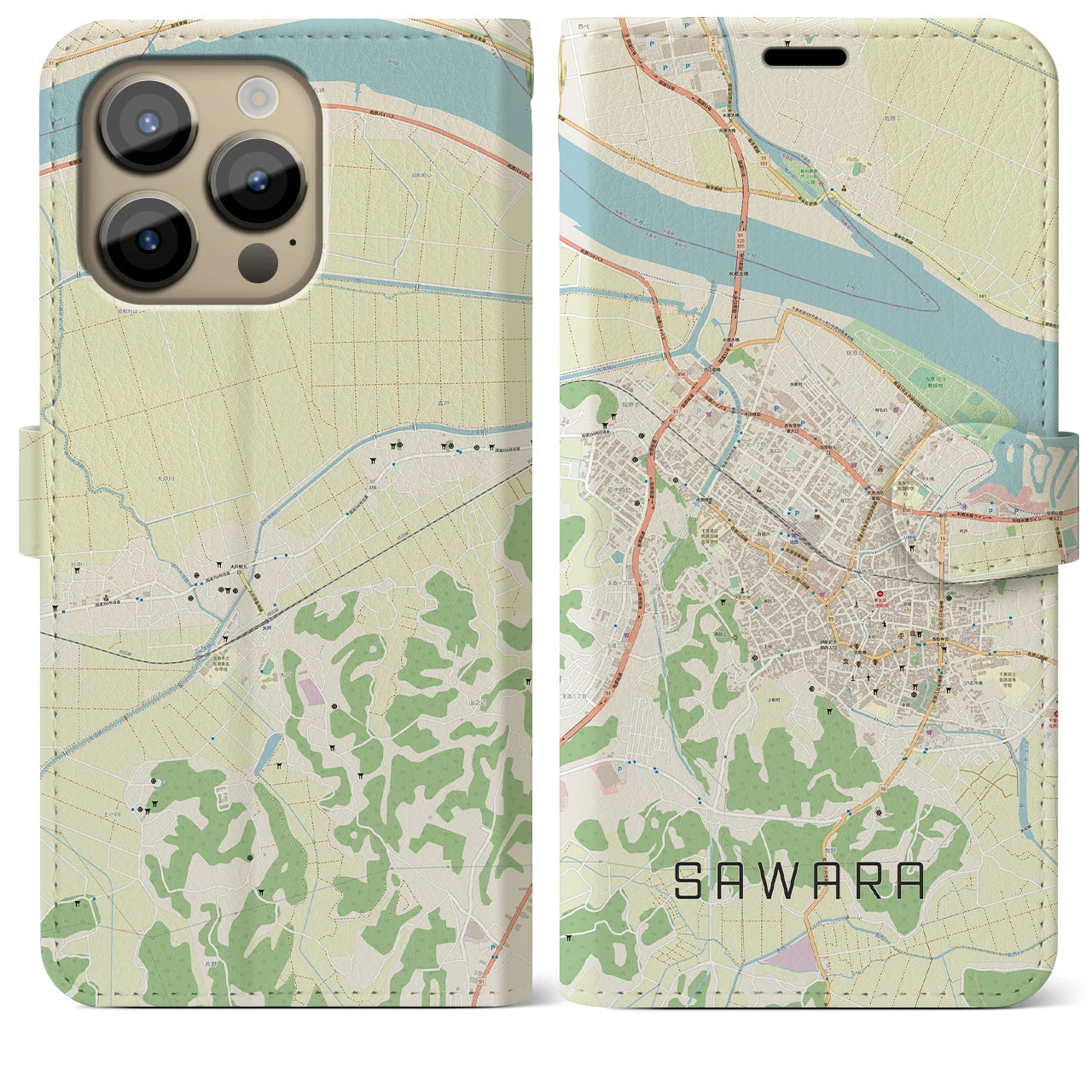 【佐原】地図柄iPhoneケース（手帳両面タイプ・ナチュラル）iPhone 14 Pro Max 用