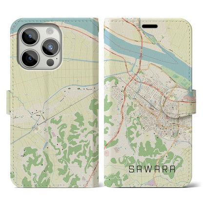 【佐原（千葉県）】地図柄iPhoneケース（手帳タイプ）ナチュラル・iPhone 15 Pro 用