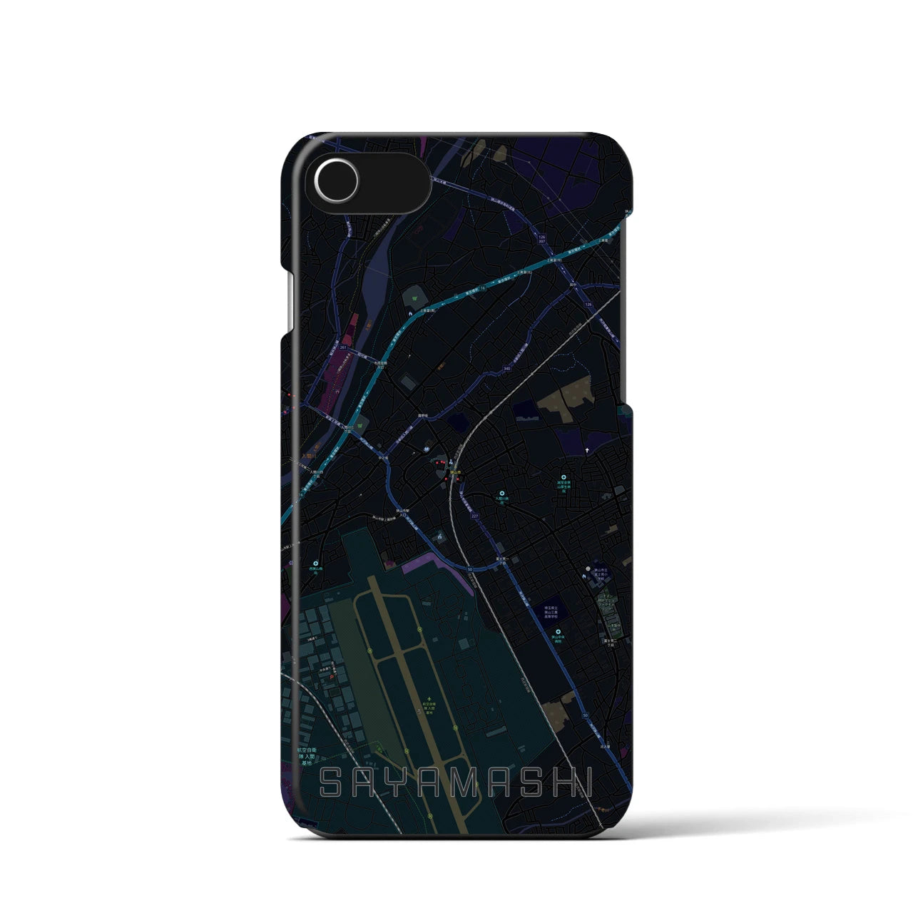 【狭山市】地図柄iPhoneケース（バックカバータイプ・ブラック）iPhone SE（第3 / 第2世代） / 8 / 7 / 6s / 6 用
