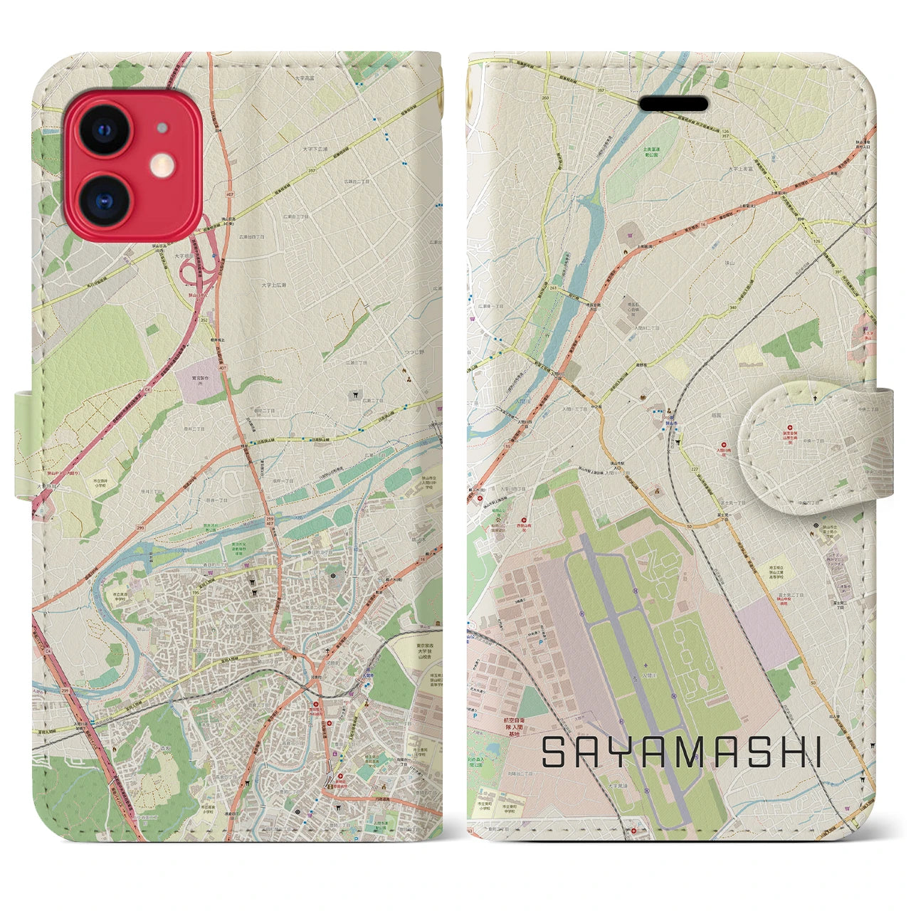 【狭山市】地図柄iPhoneケース（手帳両面タイプ・ナチュラル）iPhone 11 用