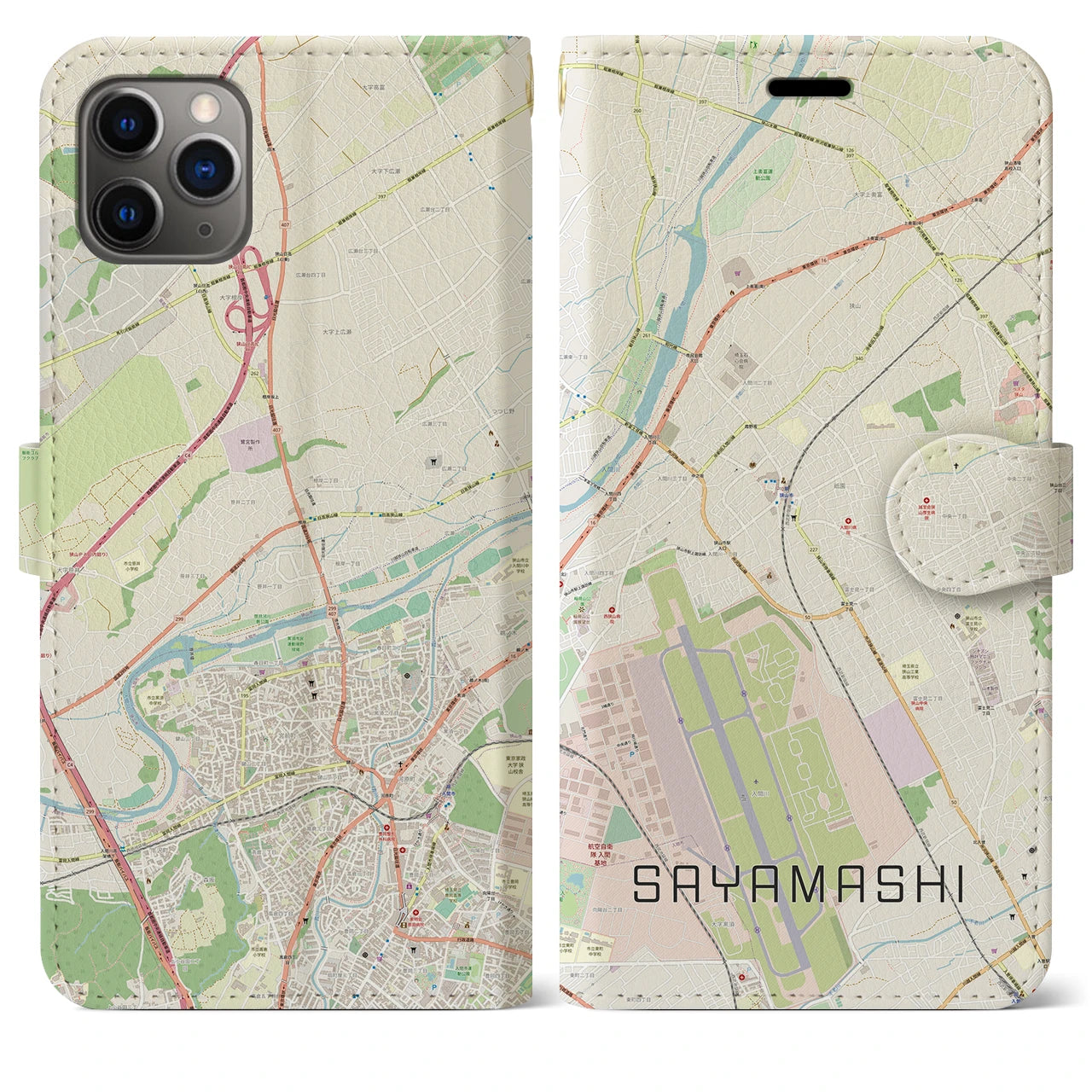 【狭山市】地図柄iPhoneケース（手帳両面タイプ・ナチュラル）iPhone 11 Pro Max 用