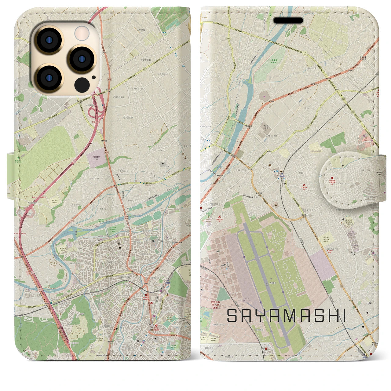 【狭山市】地図柄iPhoneケース（手帳両面タイプ・ナチュラル）iPhone 12 Pro Max 用