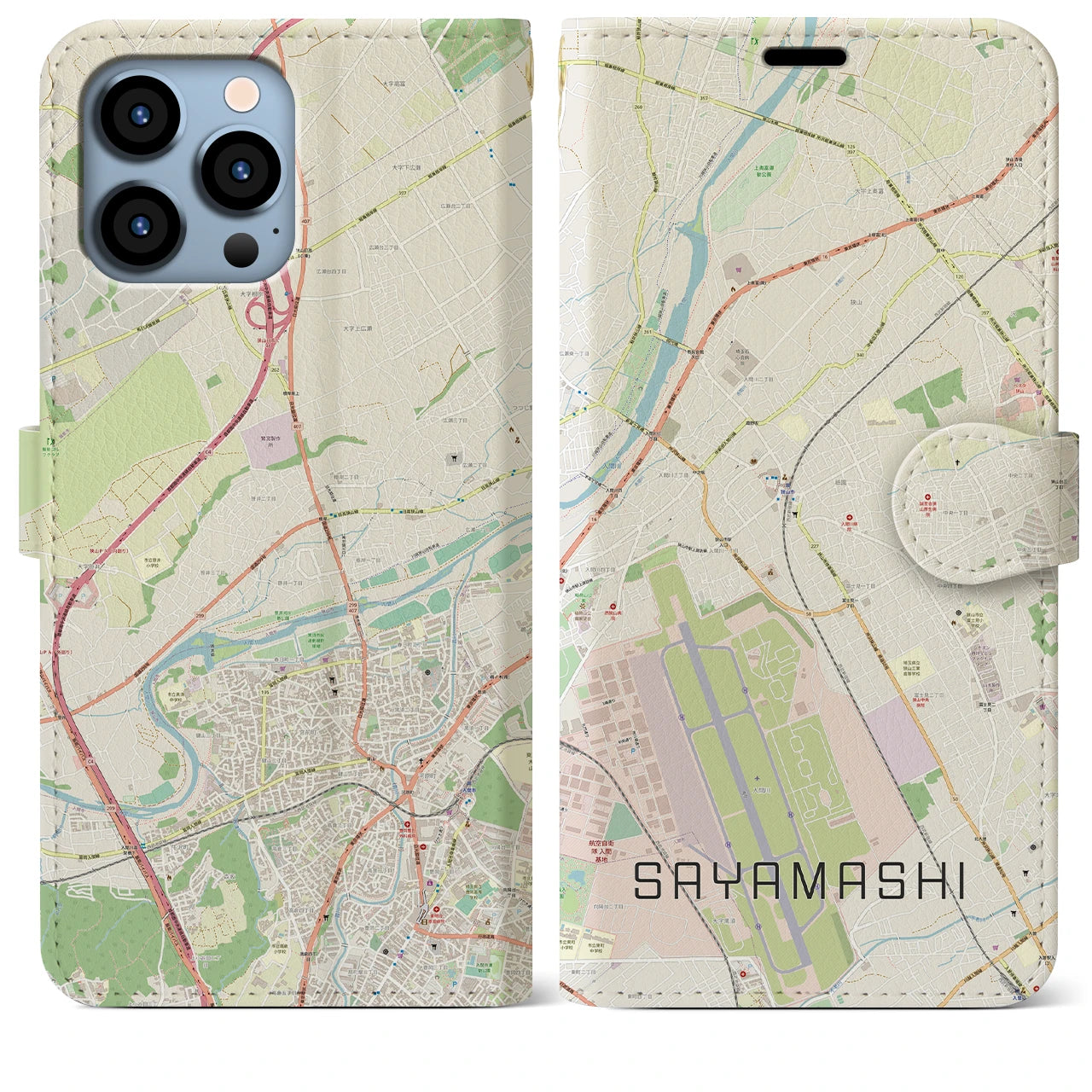 【狭山市】地図柄iPhoneケース（手帳両面タイプ・ナチュラル）iPhone 13 Pro Max 用