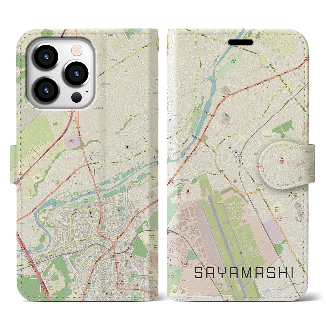 【狭山市】地図柄iPhoneケース（手帳両面タイプ・ナチュラル）iPhone 13 Pro 用