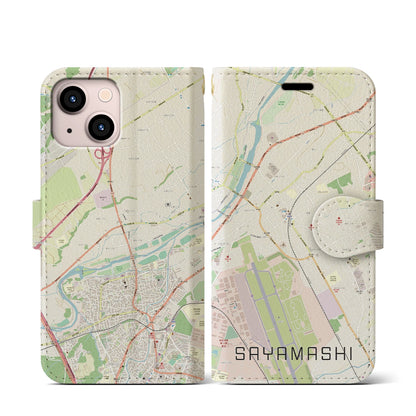 【狭山市（埼玉県）】地図柄iPhoneケース（手帳タイプ）ナチュラル・iPhone 13 mini 用