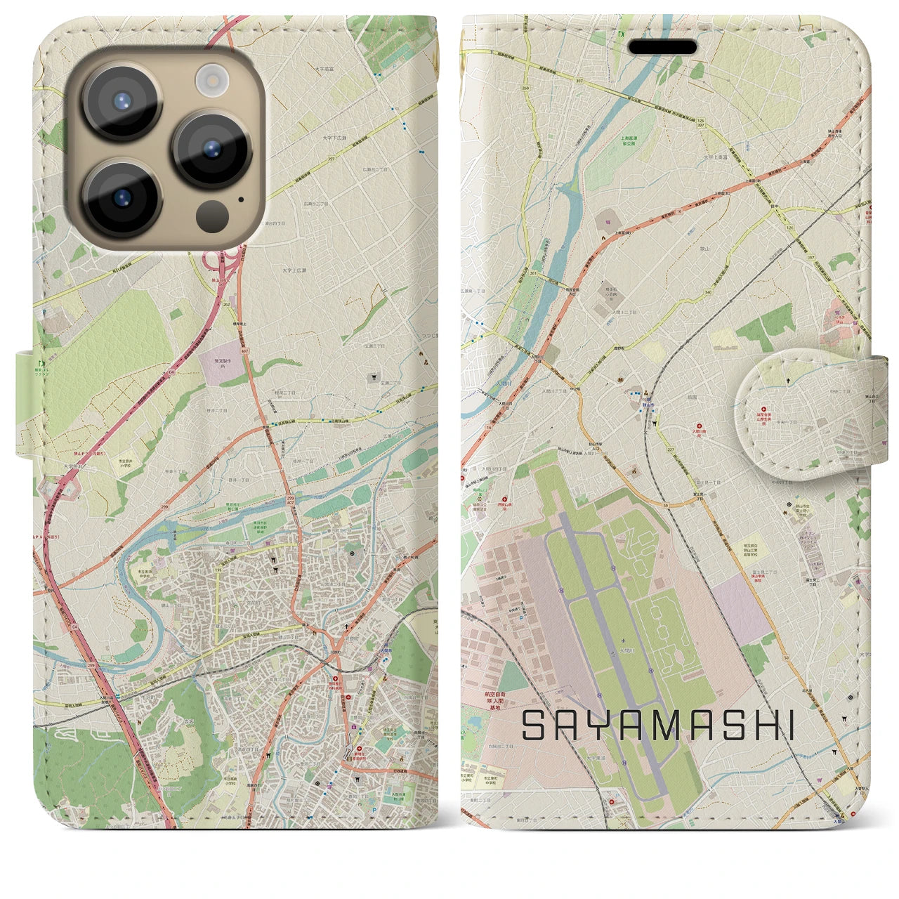 【狭山市】地図柄iPhoneケース（手帳両面タイプ・ナチュラル）iPhone 14 Pro Max 用