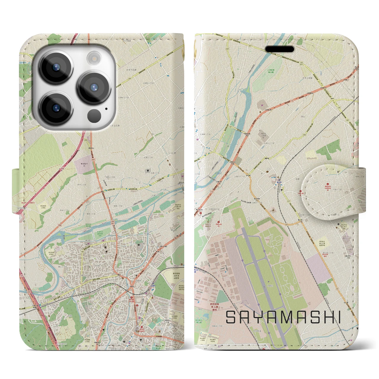 【狭山市】地図柄iPhoneケース（手帳両面タイプ・ナチュラル）iPhone 14 Pro 用