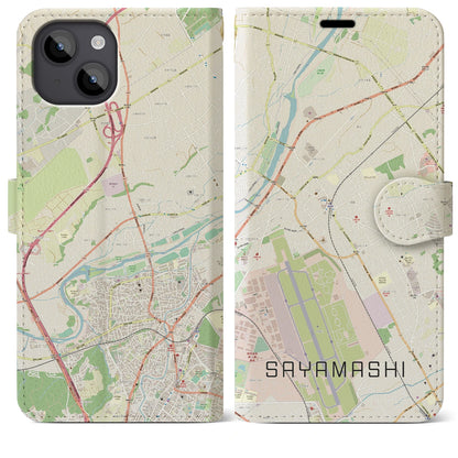 【狭山市（埼玉県）】地図柄iPhoneケース（手帳タイプ）ナチュラル・iPhone 14 Plus 用