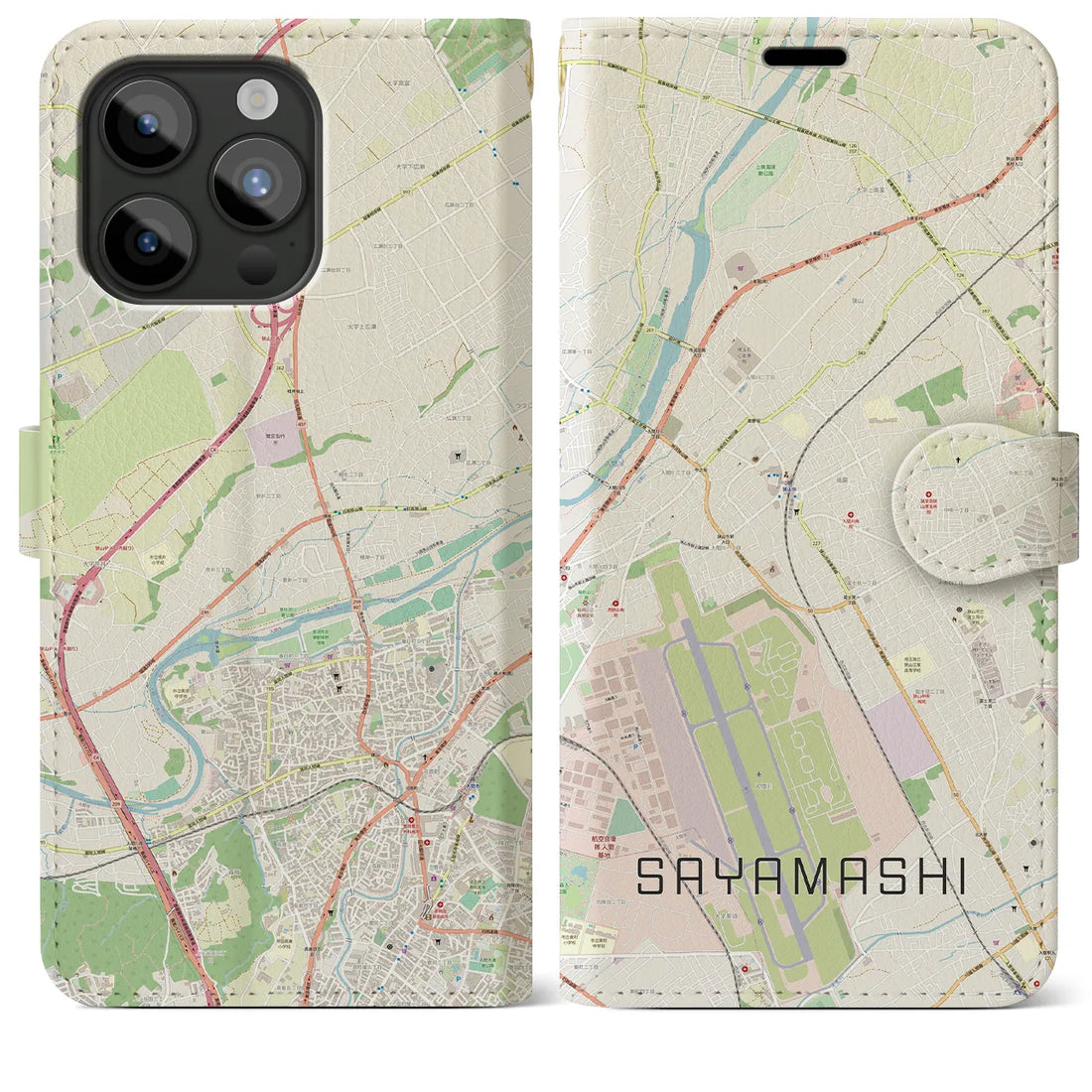 【狭山市】地図柄iPhoneケース（手帳両面タイプ・ナチュラル）iPhone 15 Pro Max 用