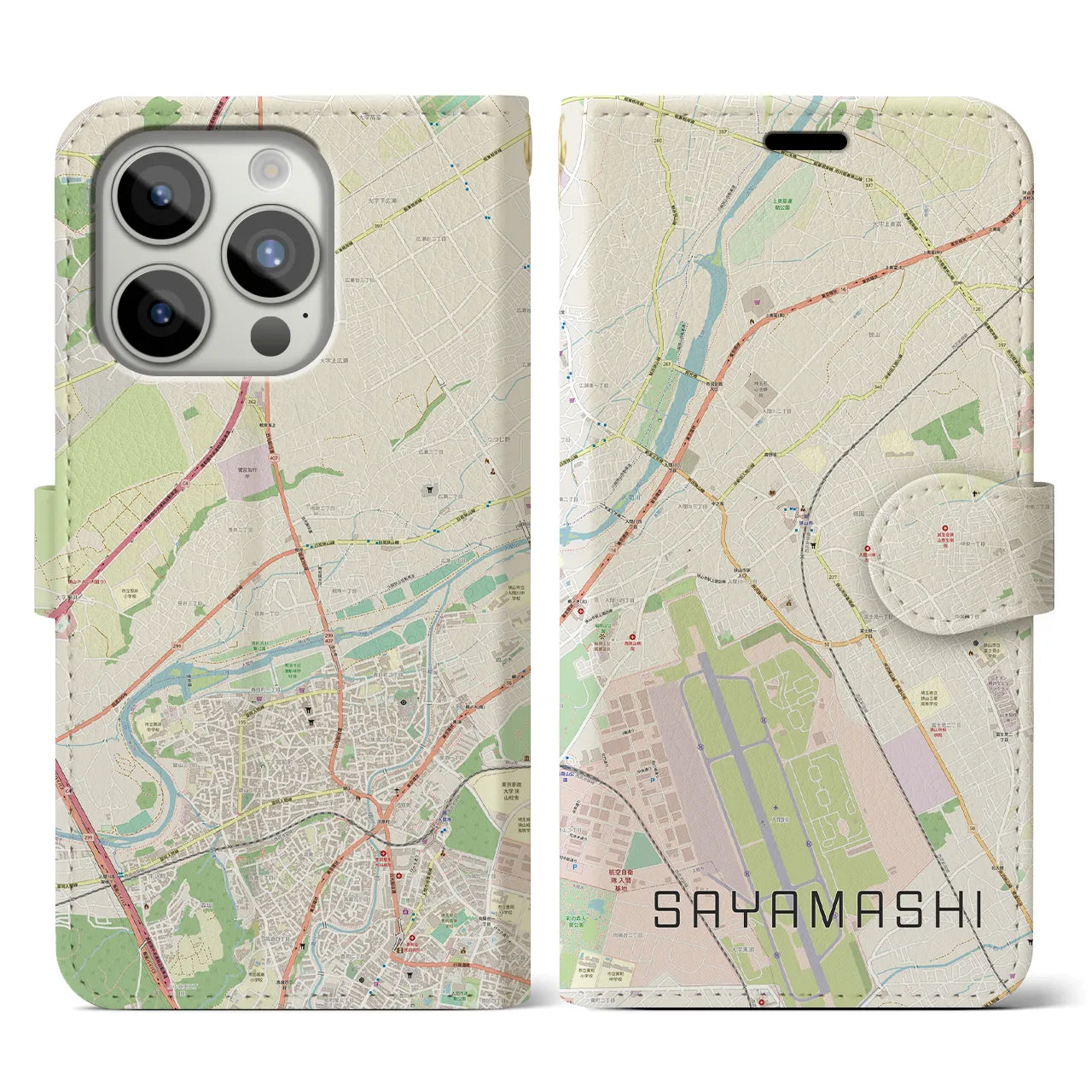 【狭山市】地図柄iPhoneケース（手帳両面タイプ・ナチュラル）iPhone 15 Pro 用
