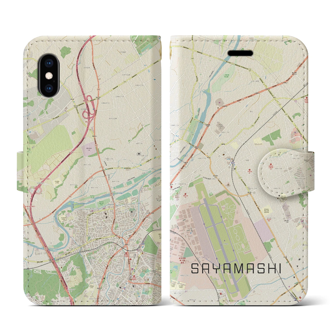 【狭山市】地図柄iPhoneケース（手帳両面タイプ・ナチュラル）iPhone XS / X 用