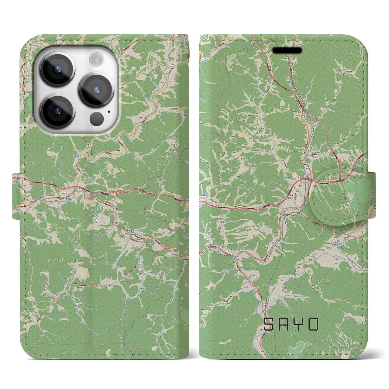 【佐用】地図柄iPhoneケース（手帳両面タイプ・ナチュラル）iPhone 14 Pro 用