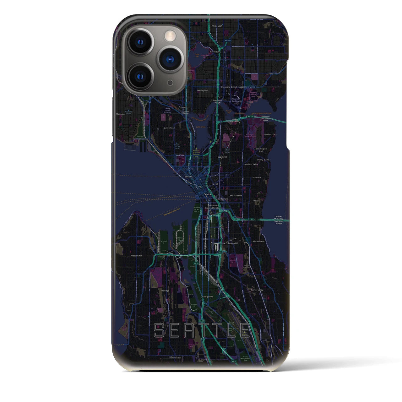【シアトル】地図柄iPhoneケース（バックカバータイプ・ブラック）iPhone 11 Pro Max 用