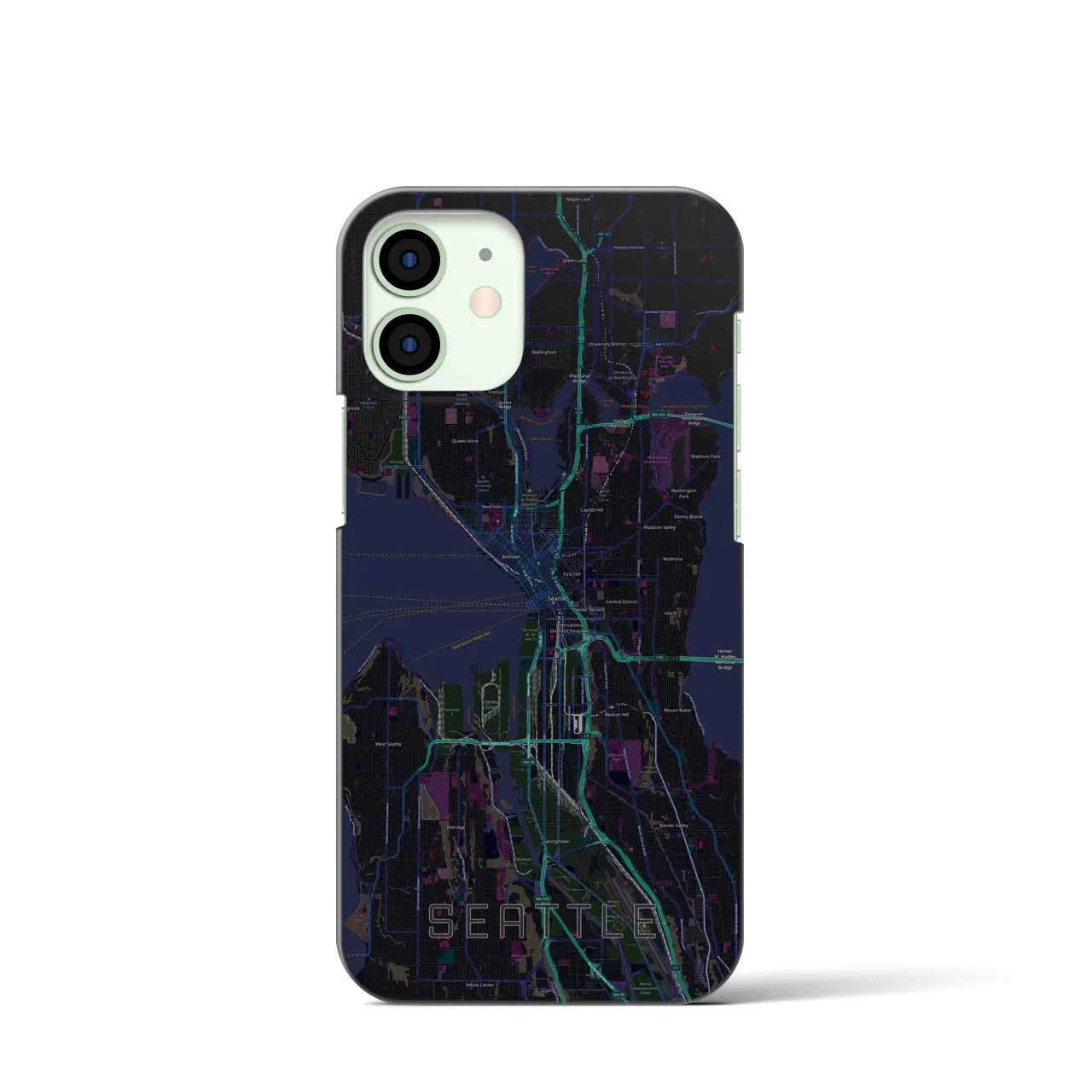 【シアトル】地図柄iPhoneケース（バックカバータイプ・ブラック）iPhone 12 mini 用
