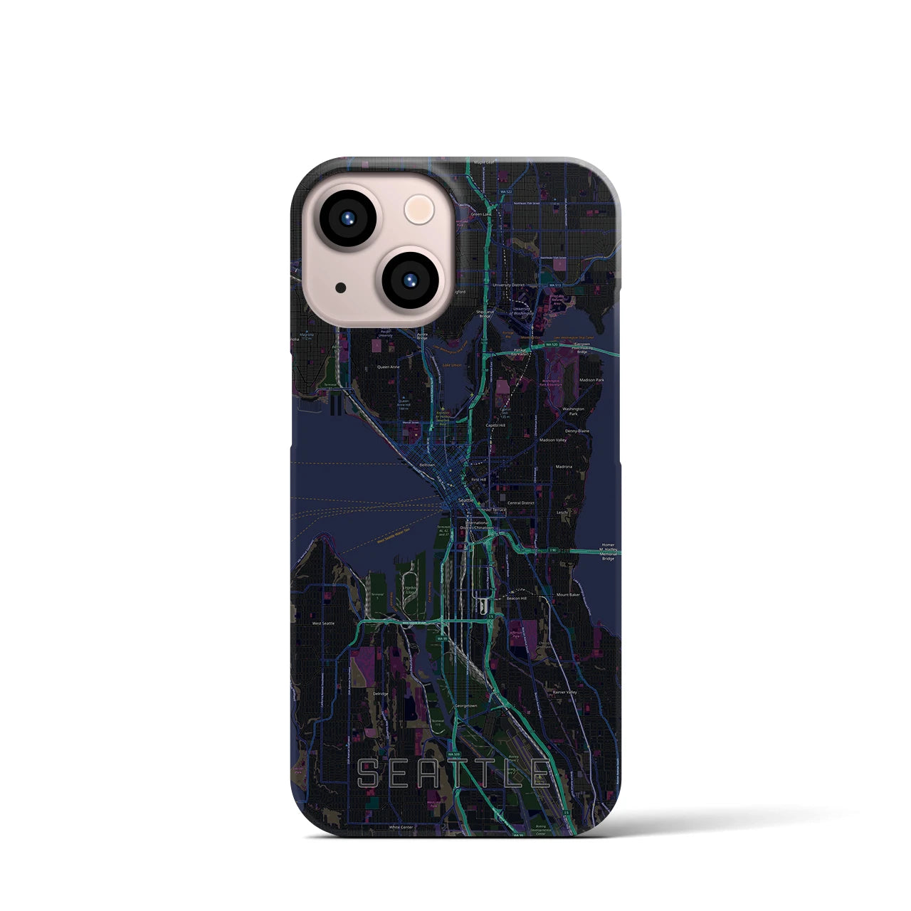 【シアトル】地図柄iPhoneケース（バックカバータイプ・ブラック）iPhone 13 mini 用