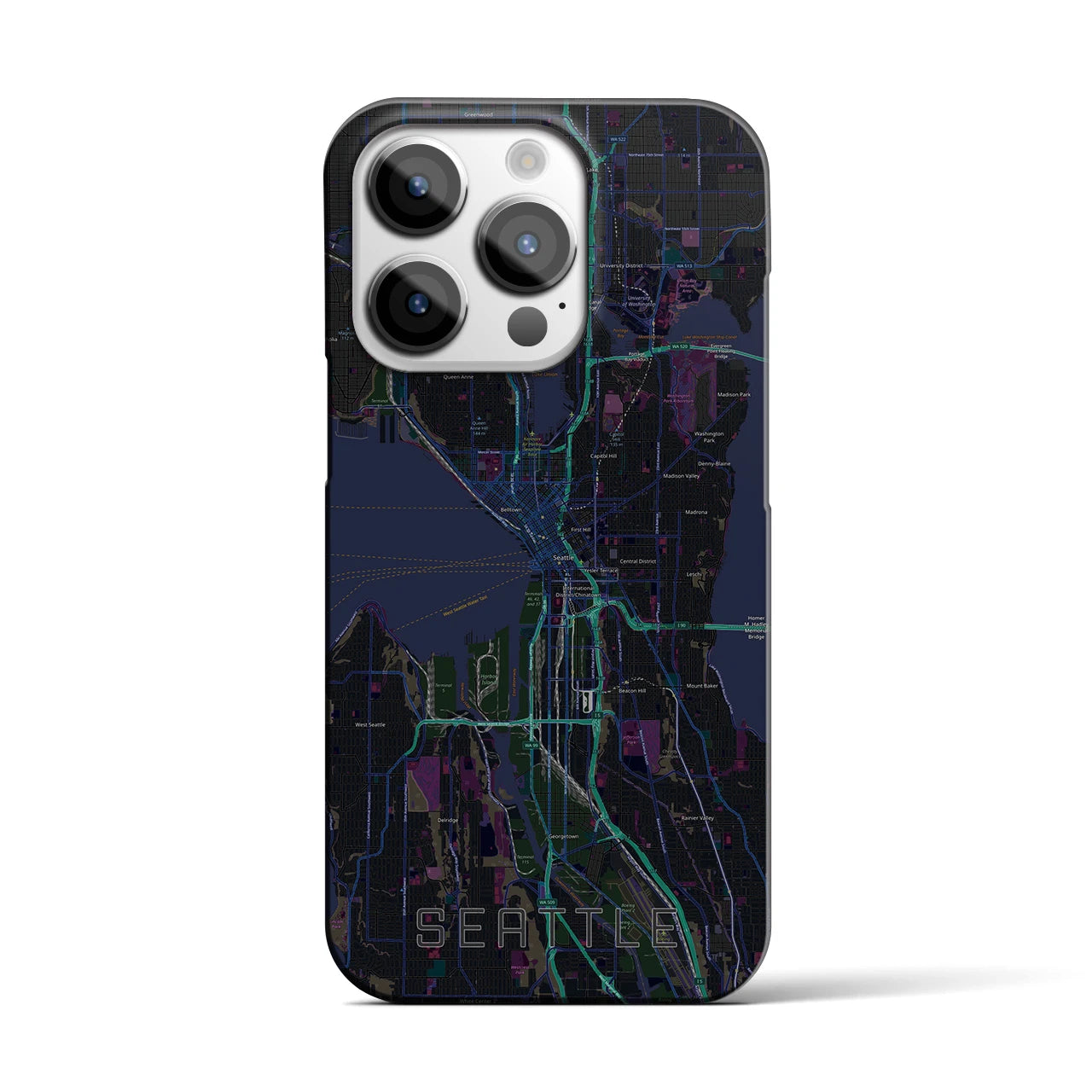 【シアトル】地図柄iPhoneケース（バックカバータイプ・ブラック）iPhone 14 Pro 用