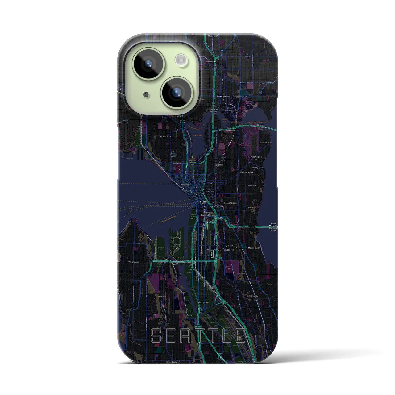 【シアトル】地図柄iPhoneケース（バックカバータイプ・ブラック）iPhone 15 用