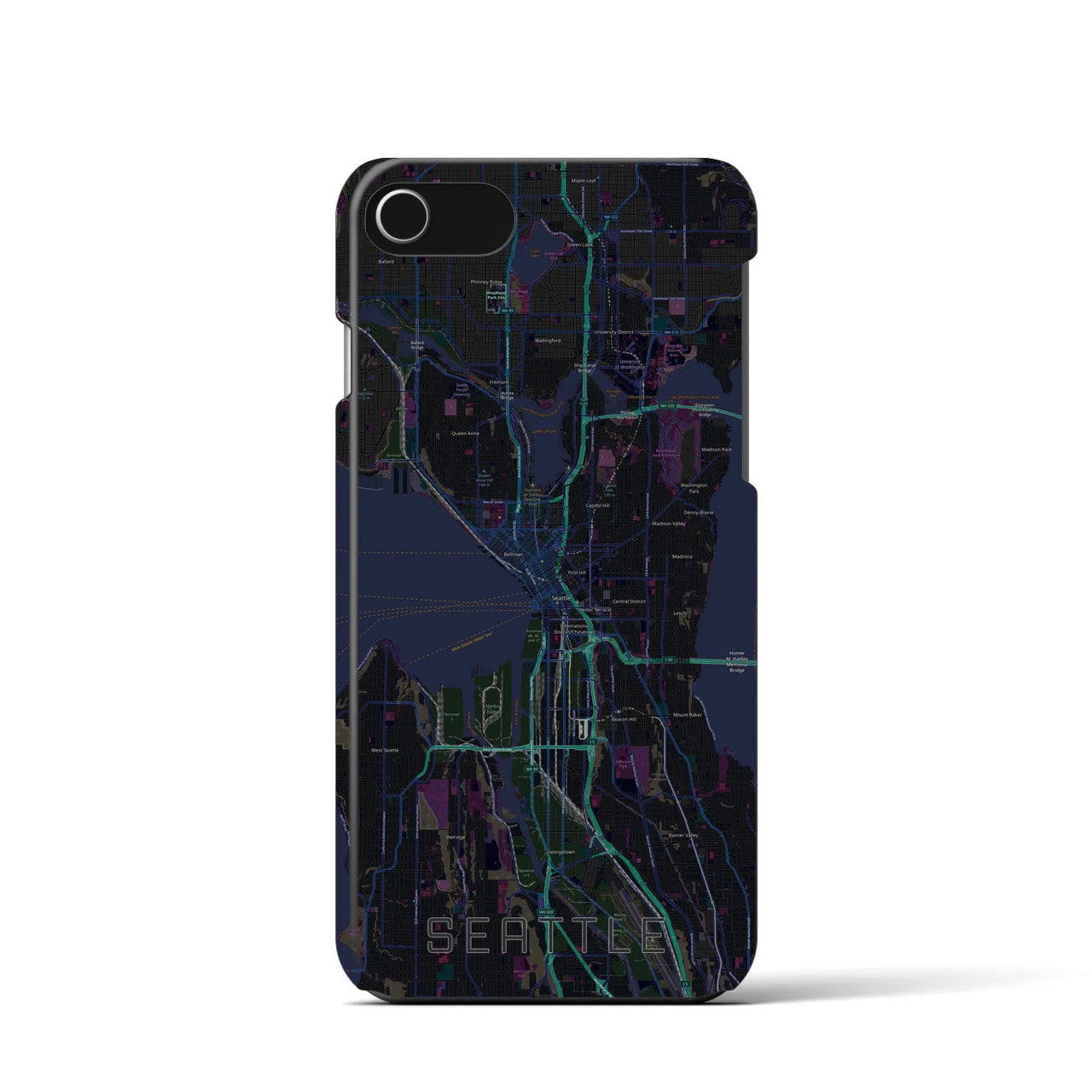 【シアトル】地図柄iPhoneケース（バックカバータイプ・ブラック）iPhone SE（第3 / 第2世代） / 8 / 7 / 6s / 6 用