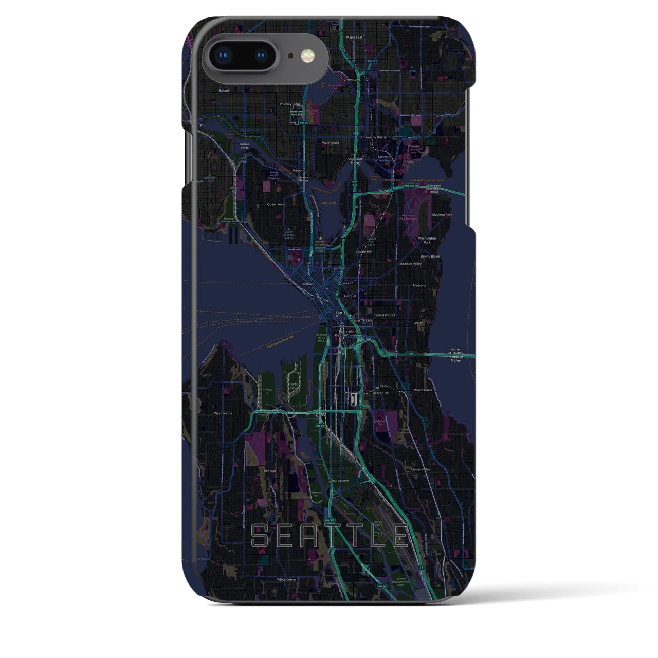 【シアトル】地図柄iPhoneケース（バックカバータイプ・ブラック）iPhone 8Plus /7Plus / 6sPlus / 6Plus 用