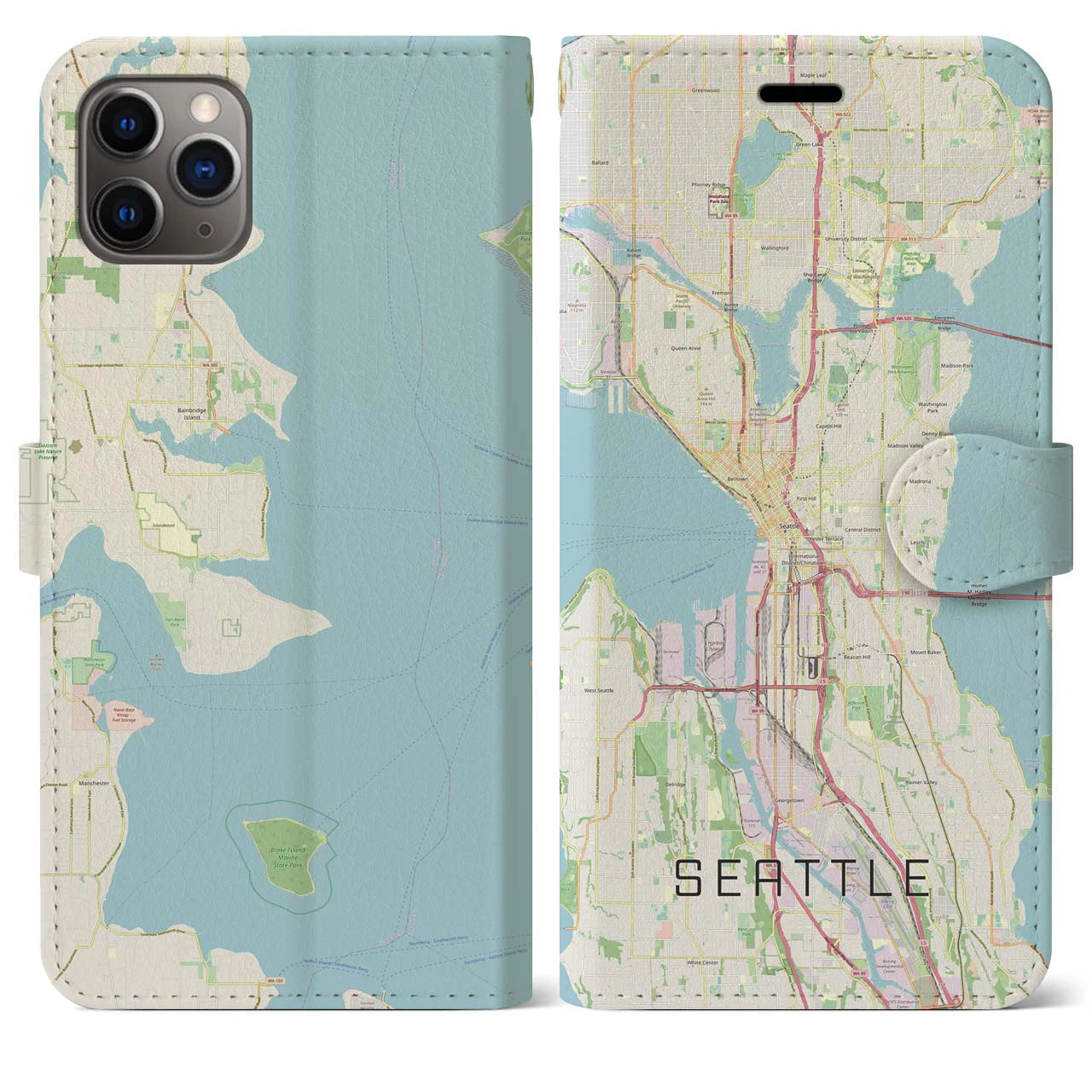 【シアトル】地図柄iPhoneケース（手帳両面タイプ・ナチュラル）iPhone 11 Pro Max 用