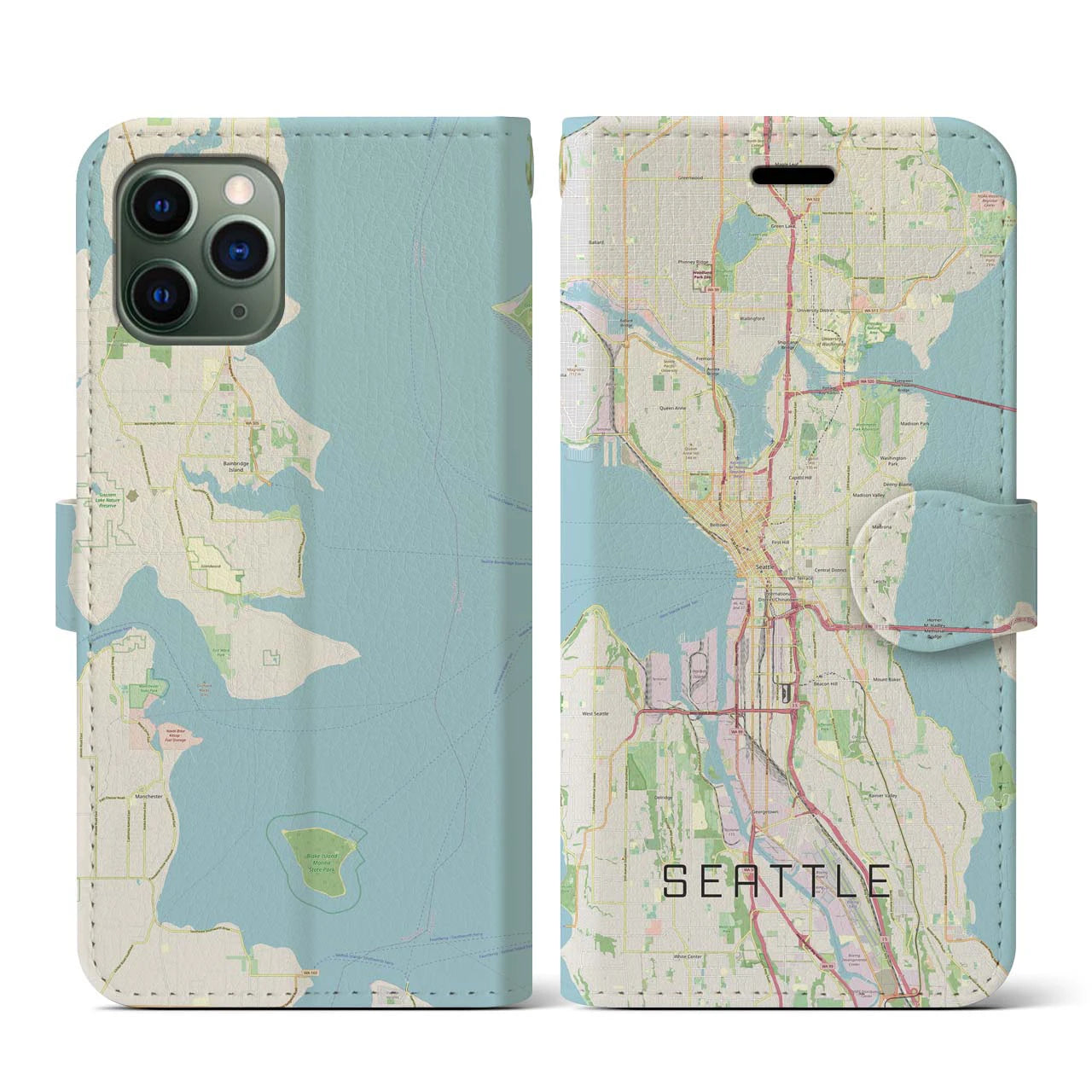 【シアトル】地図柄iPhoneケース（手帳両面タイプ・ナチュラル）iPhone 11 Pro 用