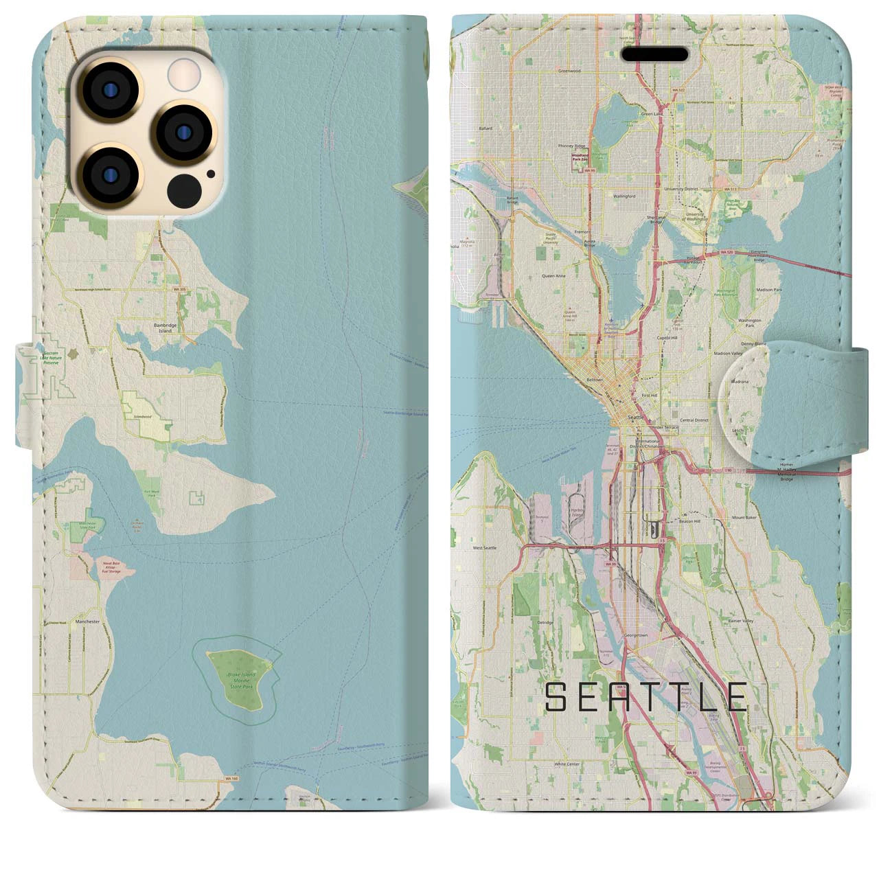 【シアトル】地図柄iPhoneケース（手帳両面タイプ・ナチュラル）iPhone 12 Pro Max 用