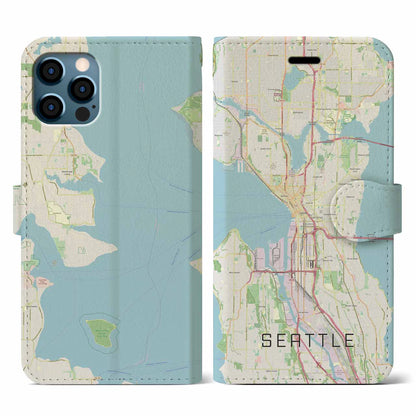 【シアトル（アメリカ）】地図柄iPhoneケース（手帳タイプ）ナチュラル・iPhone 12 / 12 Pro 用