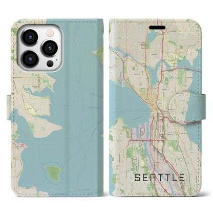 【シアトル（アメリカ）】地図柄iPhoneケース（手帳タイプ）ナチュラル・iPhone 13 Pro 用