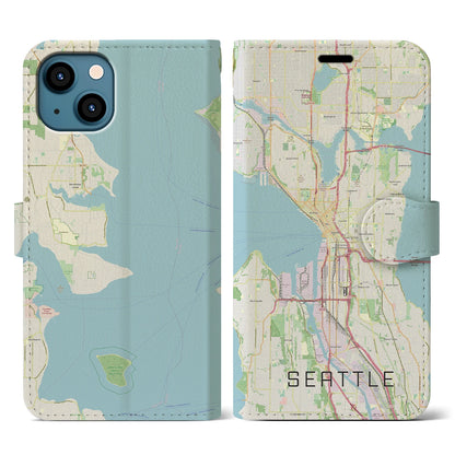 【シアトル（アメリカ）】地図柄iPhoneケース（手帳タイプ）ナチュラル・iPhone 13 用