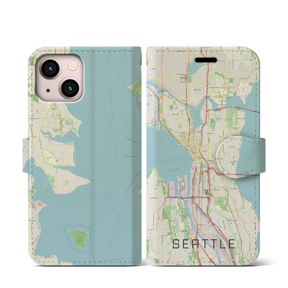【シアトル（アメリカ）】地図柄iPhoneケース（手帳タイプ）ナチュラル・iPhone 13 mini 用
