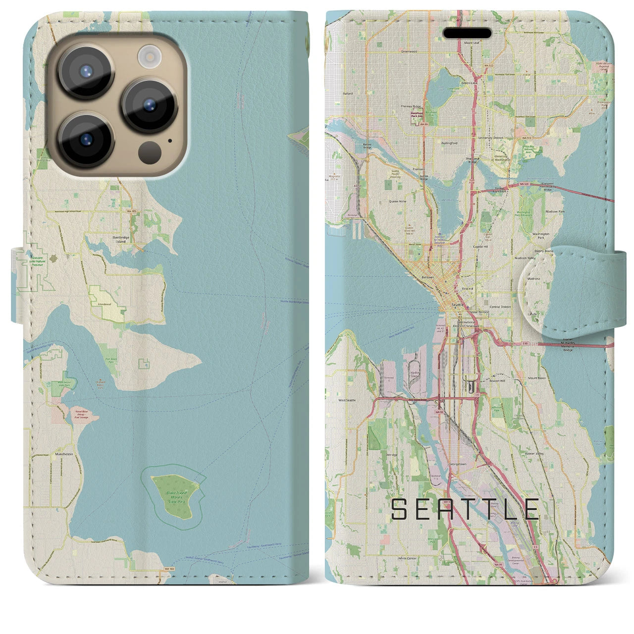 【シアトル】地図柄iPhoneケース（手帳両面タイプ・ナチュラル）iPhone 14 Pro Max 用