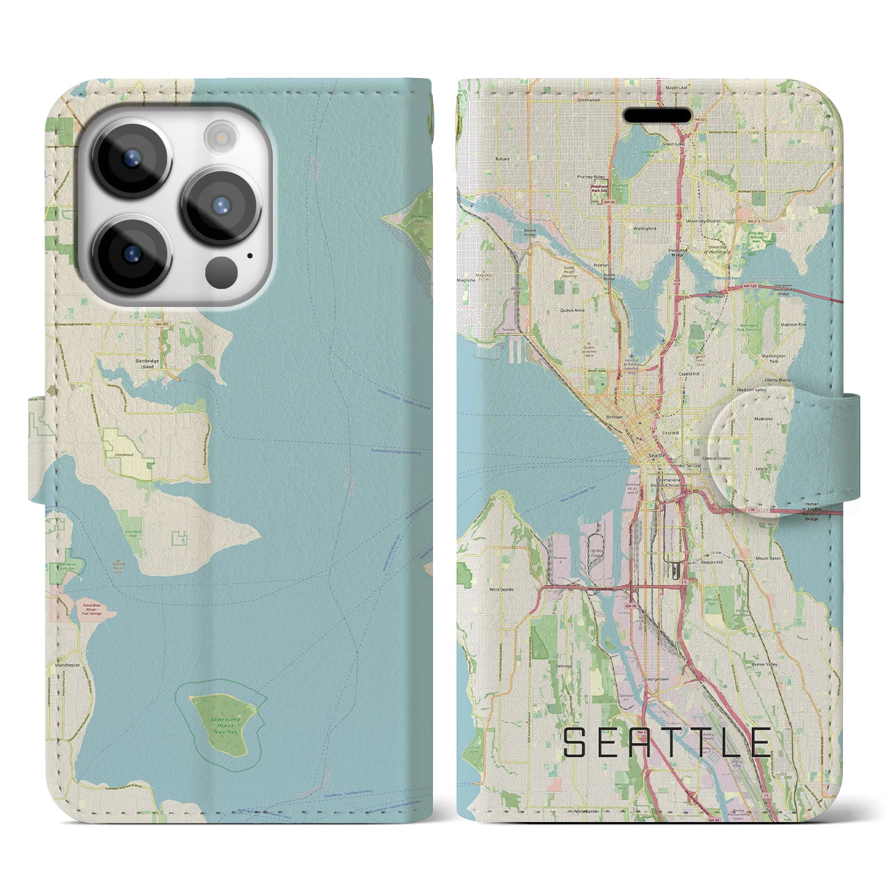 【シアトル】地図柄iPhoneケース（手帳両面タイプ・ナチュラル）iPhone 14 Pro 用