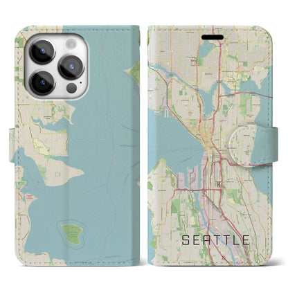 【シアトル（アメリカ）】地図柄iPhoneケース（手帳タイプ）ナチュラル・iPhone 14 Pro 用