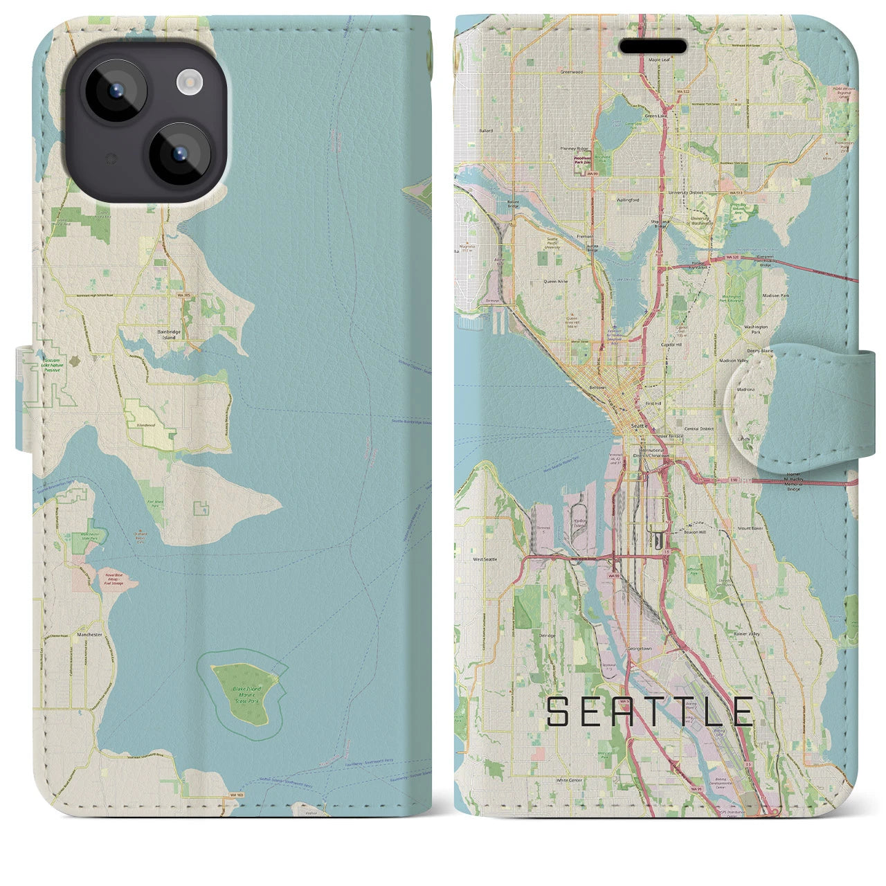 【シアトル】地図柄iPhoneケース（手帳両面タイプ・ナチュラル）iPhone 14 Plus 用