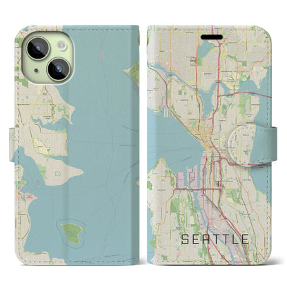 【シアトル（アメリカ）】地図柄iPhoneケース（手帳タイプ）ナチュラル・iPhone 15 用