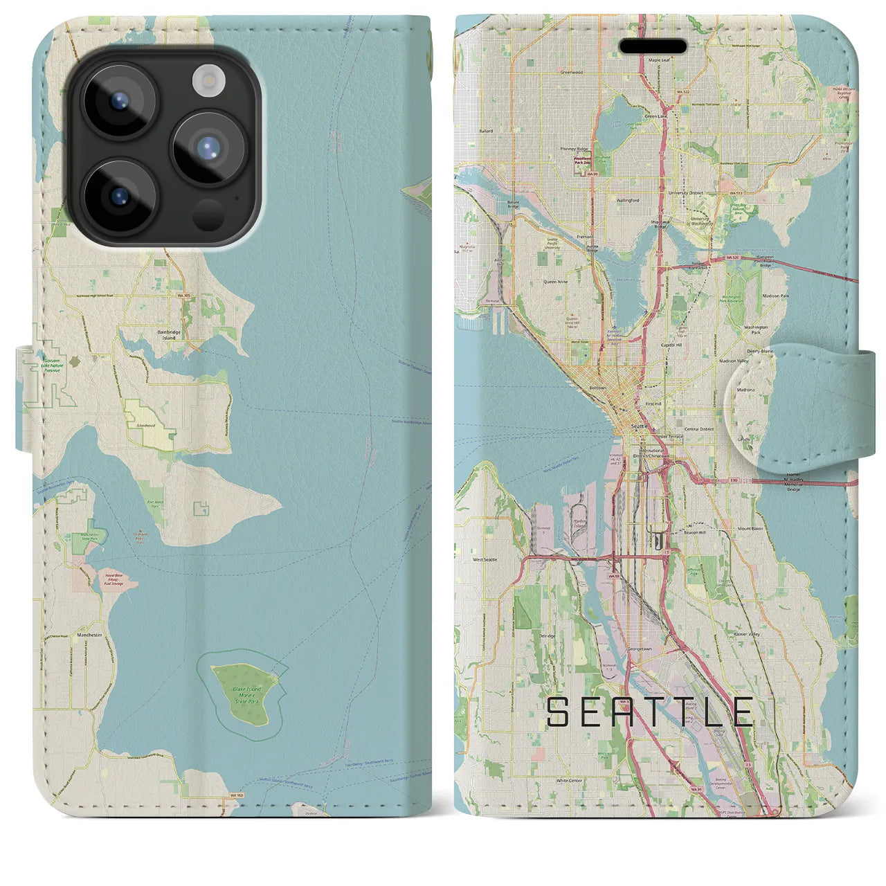 【シアトル】地図柄iPhoneケース（手帳両面タイプ・ナチュラル）iPhone 15 Pro Max 用