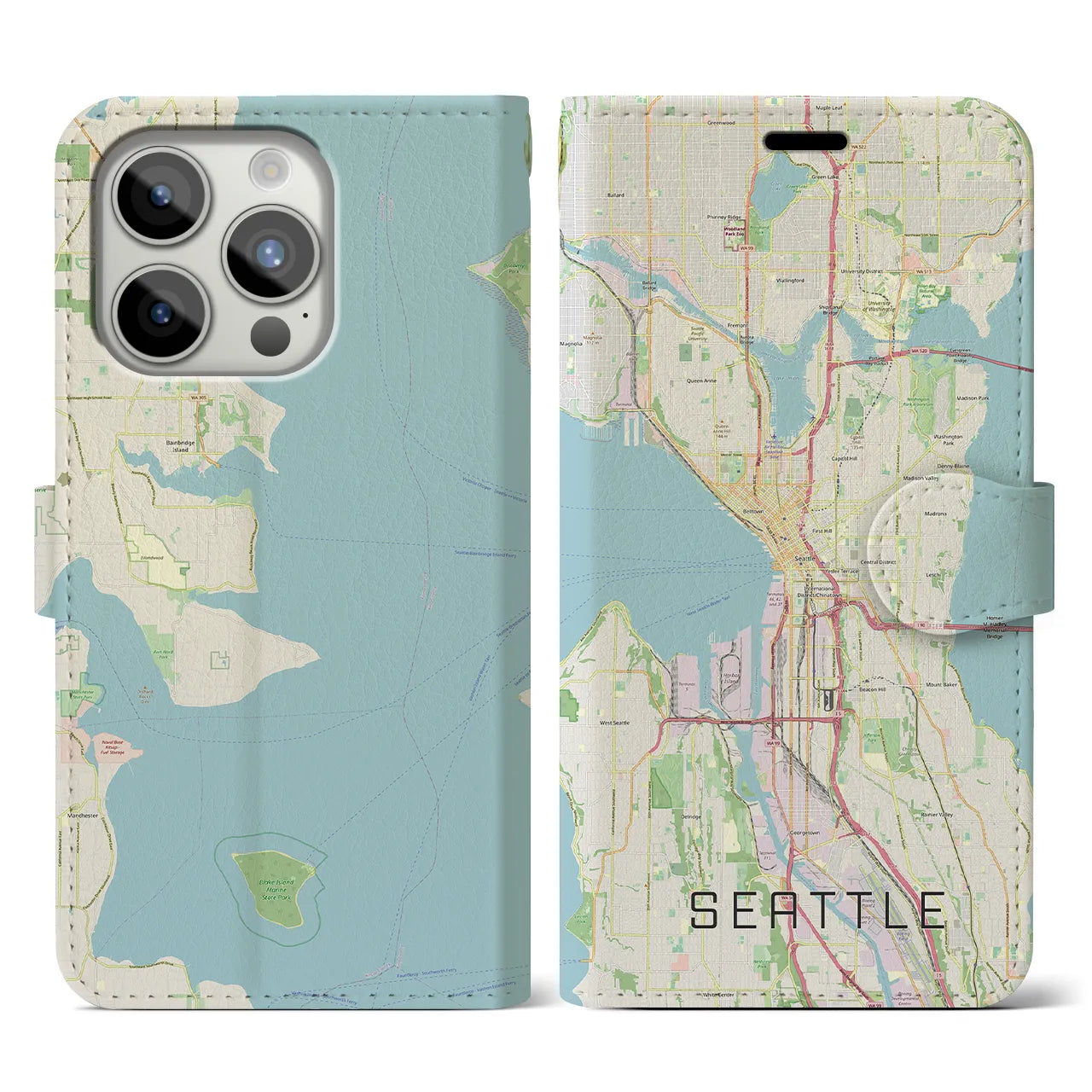 【シアトル】地図柄iPhoneケース（手帳両面タイプ・ナチュラル）iPhone 15 Pro 用