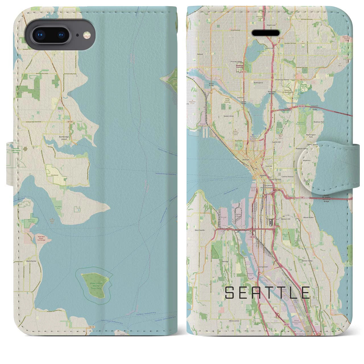【シアトル】地図柄iPhoneケース（手帳両面タイプ・ナチュラル）iPhone 8Plus /7Plus / 6sPlus / 6Plus 用