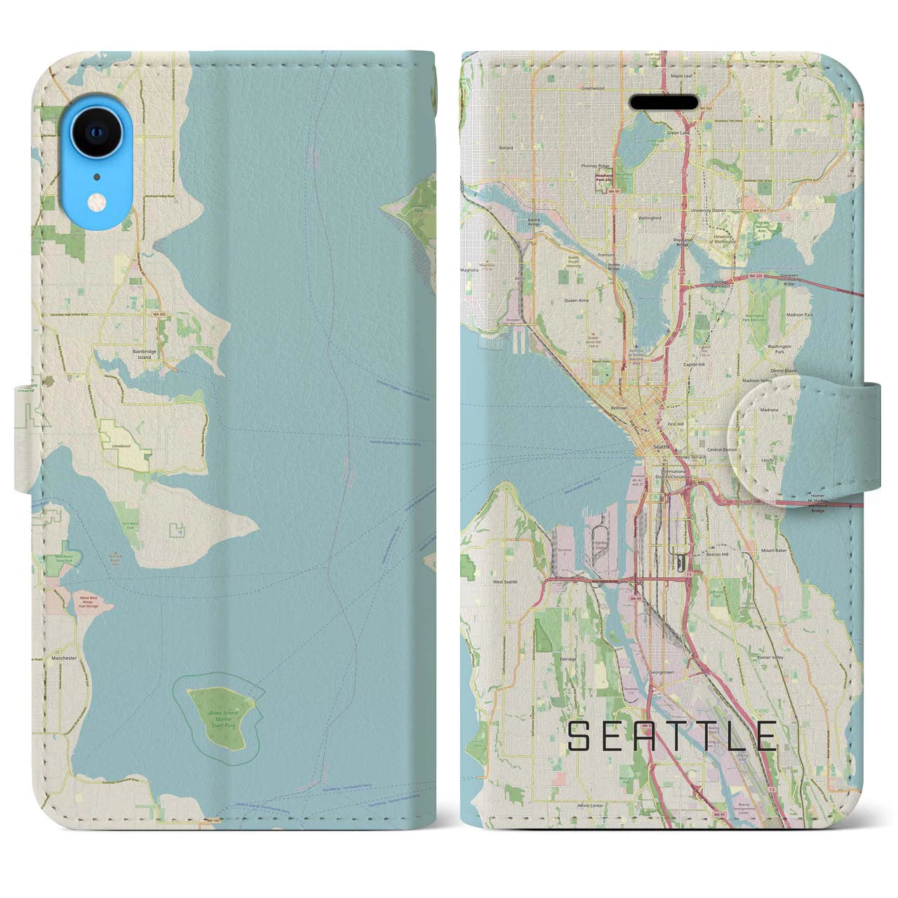 【シアトル】地図柄iPhoneケース（手帳両面タイプ・ナチュラル）iPhone XR 用