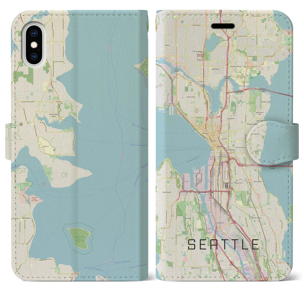【シアトル】地図柄iPhoneケース（手帳両面タイプ・ナチュラル）iPhone XS Max 用